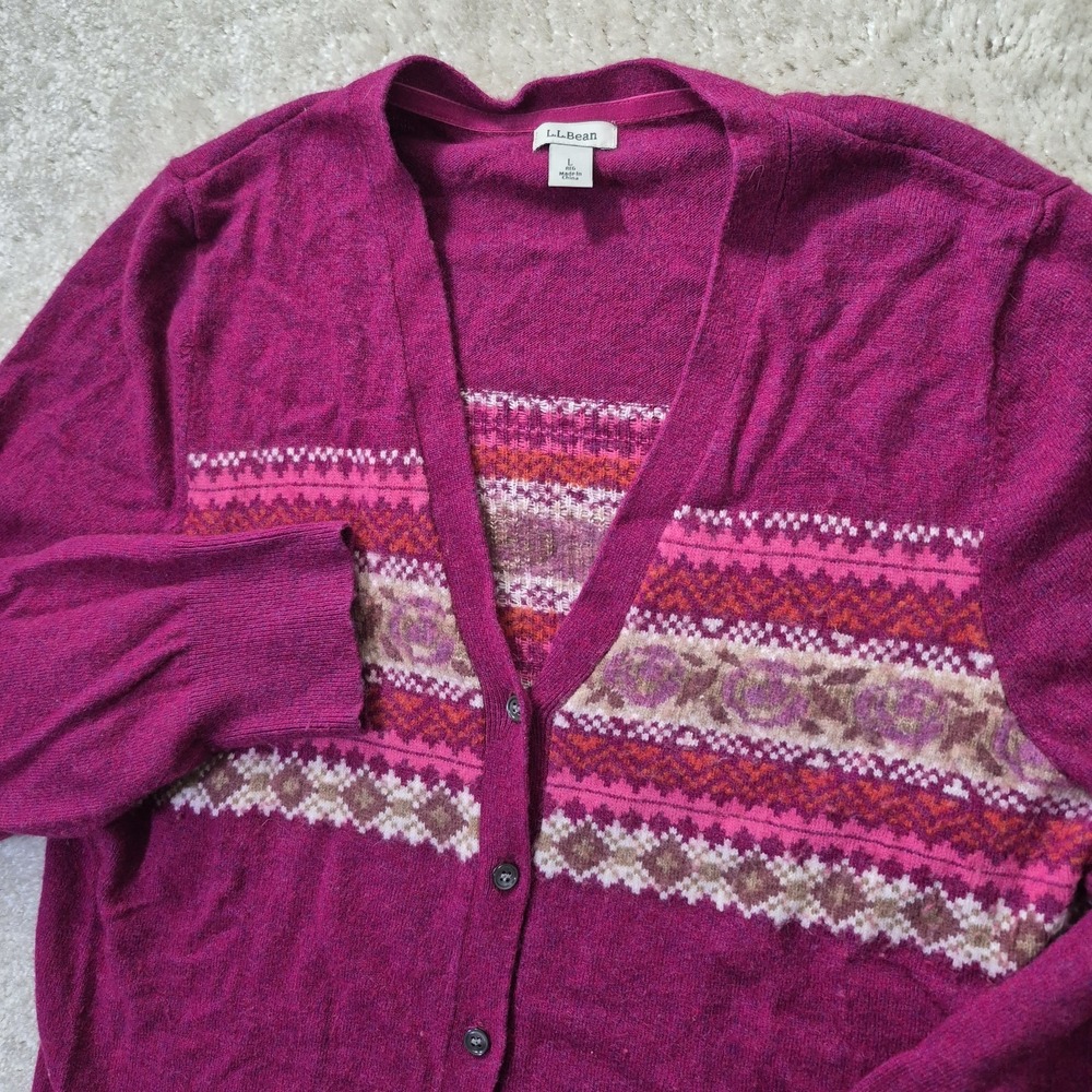 LL Bean Sweater Womens Large Slim Pink Wool Blend Cardigan Button Up Mature Mom
